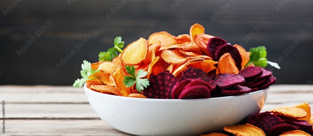 Healthy vegetable chips including sweet potato beetroot carrot and parsnip on a light wooden background