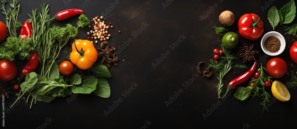 Fresh herbs and vegetables arranged on a black table ready for cooking