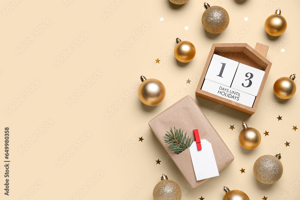 Composition with countdown calendar, gift box and Christmas balls on color background