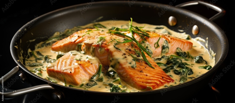 Preparing a salmon fillet with cream sauce spinach and rosemary in a pan