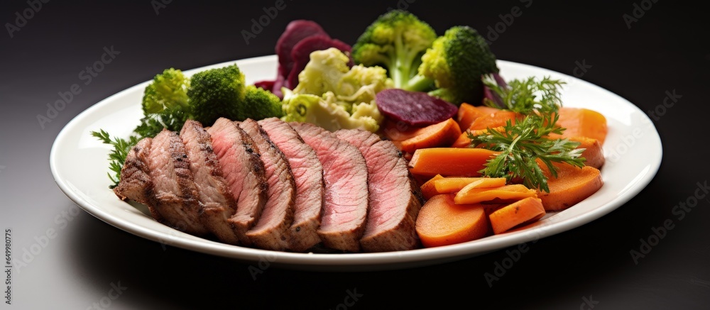 Health is impacted by what we eat such as whole grains proteins fats and carbohydrates found on a white plate with baked beef veal lettuce beetroot slices and carrots