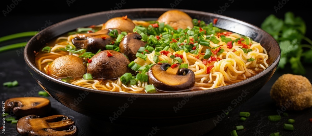 Vegan ramen with miso mushrooms onions and cilantro