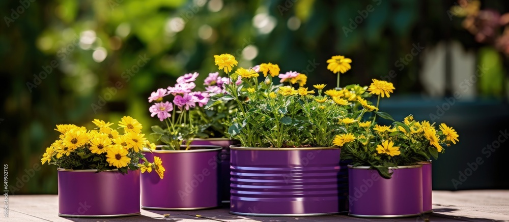 Flower filled purple tin can pots in the garden