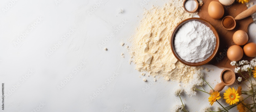 Mockup for recipe of cookies pie or cake with baking cooking ingredients and utensils in a kitchen setting