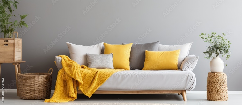 Boho chic living room interior with gray sofa wooden coffee table and personal accessories Honey yellow pillows and plaid create a cozy atmosphere in the elegant apartment