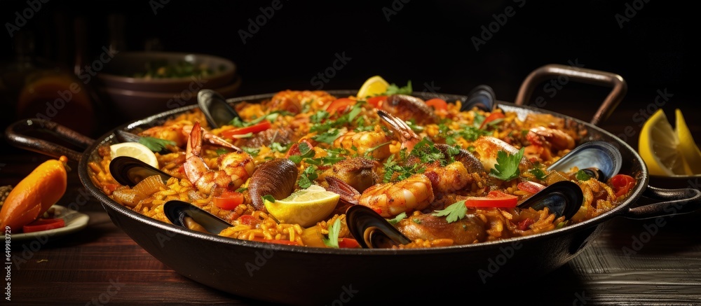 Paella with seafood cooked in cast iron