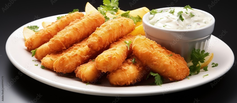 Battered and breaded whitefish commonly served with tartar sauce cocktail sauce or ketchup