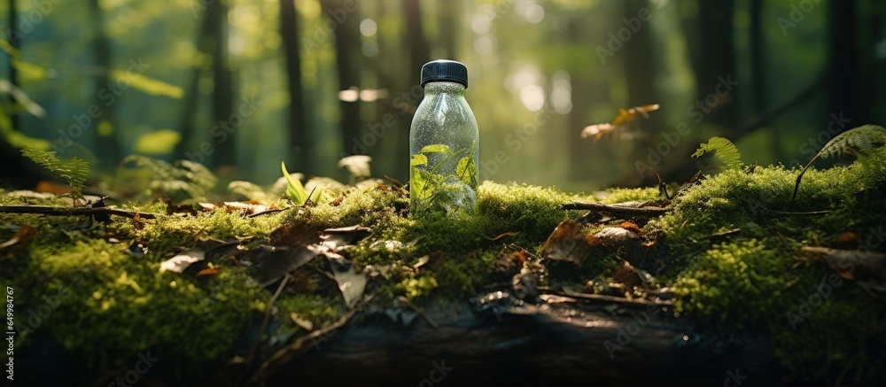 Littered plastic bottle in forest moss