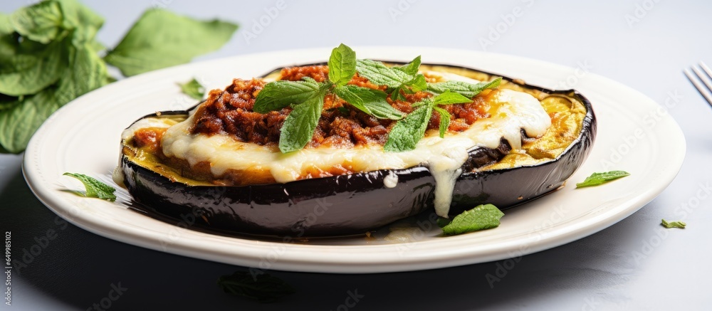 Minimal vegan menu Stuffed aubergine on white plate with harsh shadows