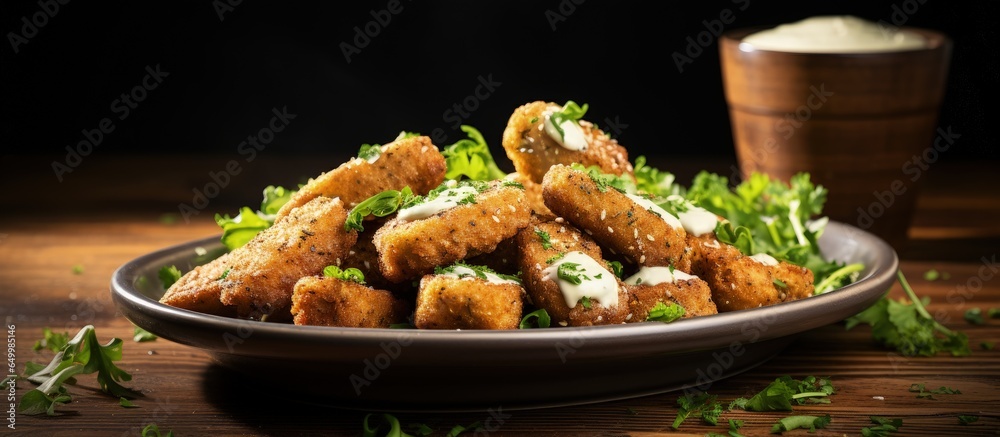 Vegetarian nuggets with vegan sauce rocket leaves on a light backdrop Healthy diet protein from plant based alternatives