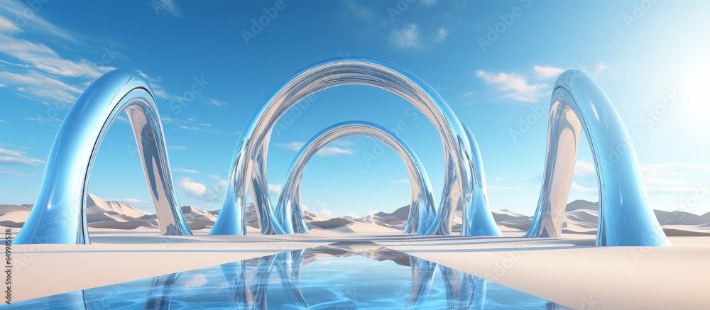 Minimalistic wallpaper featuring an abstract desert landscape with sand dunes mirror square arches and chrome geometric shapes in a panoramic scene