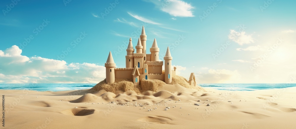 Beach scene with a sand castle symbolizing summer vacation