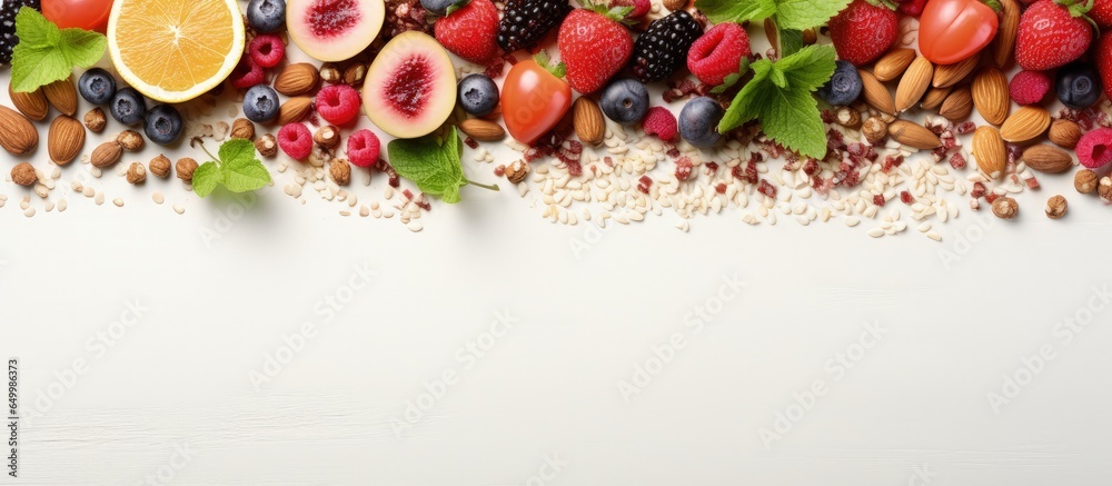 Fresh summer fruits muesli nuts grains and space for text on white background Healthy breakfast Top view