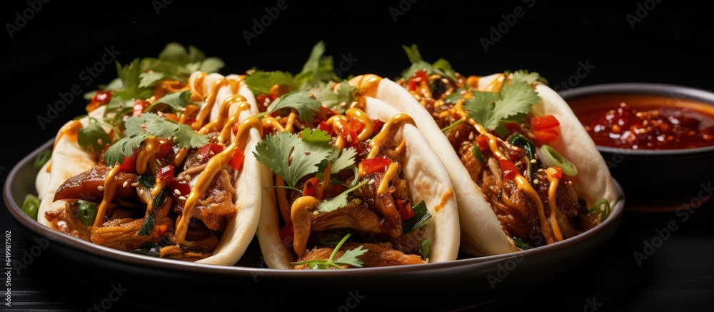 Vegan BBQ pulled mushrooms in Bao buns with spicy dipping sauce