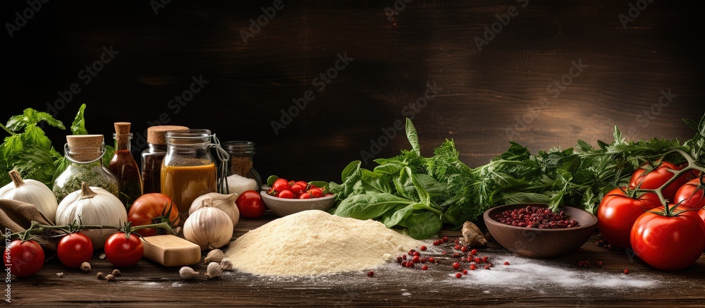 Cooking pizza ingredients on wooden table with kitchen background space for text