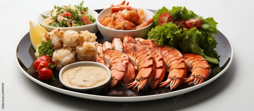 Assorted seafood starters with lobster crab cakes fish shrimp and salads