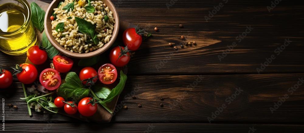 Vegetable salad with spinach cherry tomatoes barley porridge and olive oil on a wooden board vegan cuisine