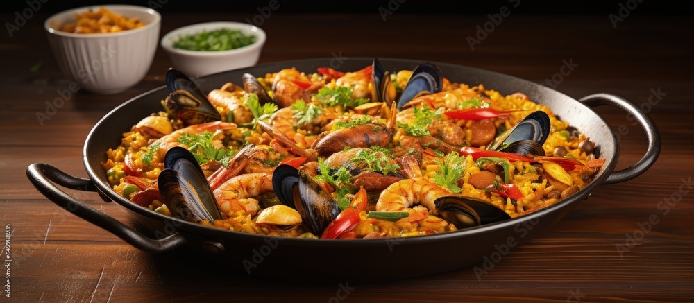 Traditional Spanish cuisine from Valencia cooking class for a delicious seafood paella with rice mussels and prawns