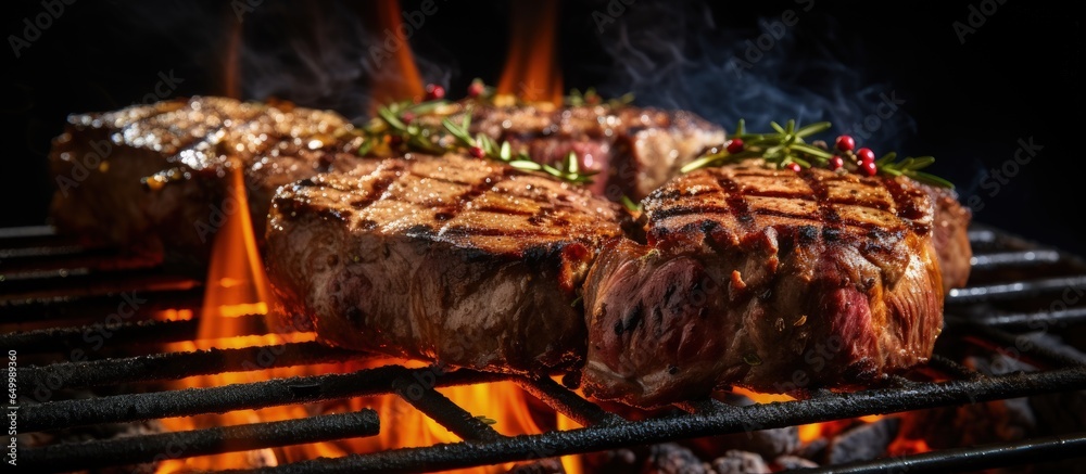 Grilled beef steaks with fire