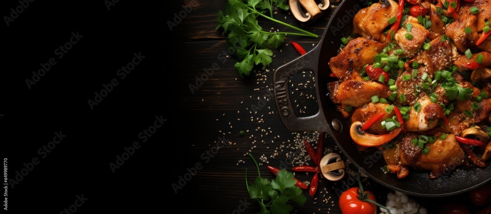 Asian stir fried chicken with paprika mushrooms chives and sesame seeds on a black kitchen table from a top view