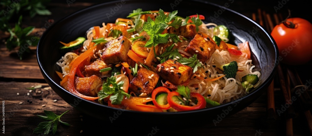 Healthy vegan concept rice noodles tofu peppers carrots zucchini wook on dark brown background