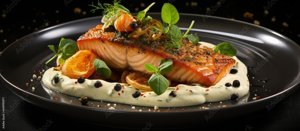 Elegant Italian seafood dish with salmon and green peas on black marble background