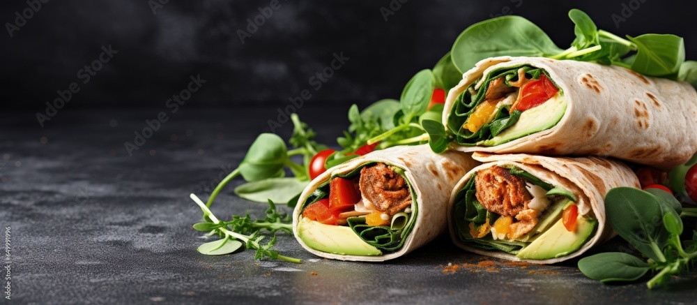 Plant based tortilla wraps with vegetables Fresh pita rolls with tofu cucumber spinach and avocado Grey concrete backdrop ample blank space