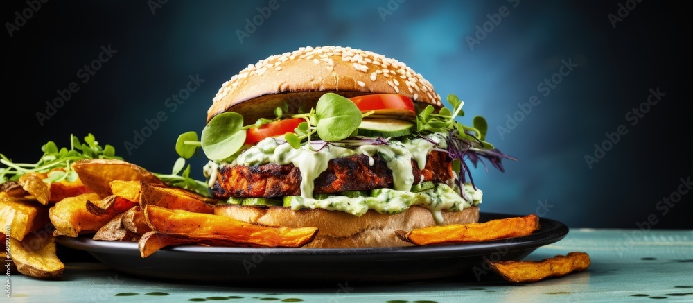 Vegan burger with sweet potato wedges salad and sauce on a table Healthy vegan meal