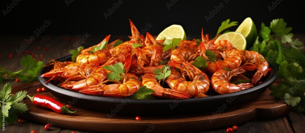 Prepared raw shrimp and prawns on a wooden plate ready for cooking with herbs and spices