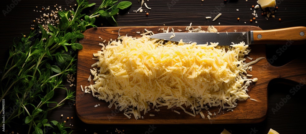 Cooking cheese on a cutting board Black background from above