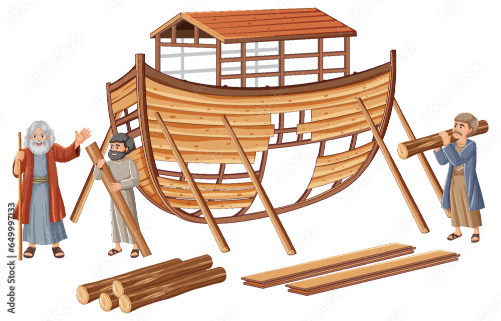 People Building Wooden Boat: A Vector Cartoon Illustration