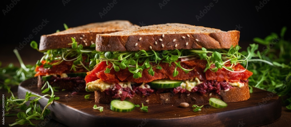 Vegan sandwich with veggies and vegan cheese on a wooden board Healthy snack diet vegan concept