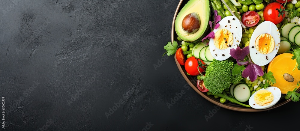 Top view of an Easter salad with vegetables and eggs