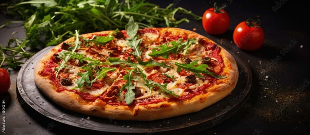 Plant based pizza topped with vegetables vegan cheese and arugula Emphasizing healthiness and veganism