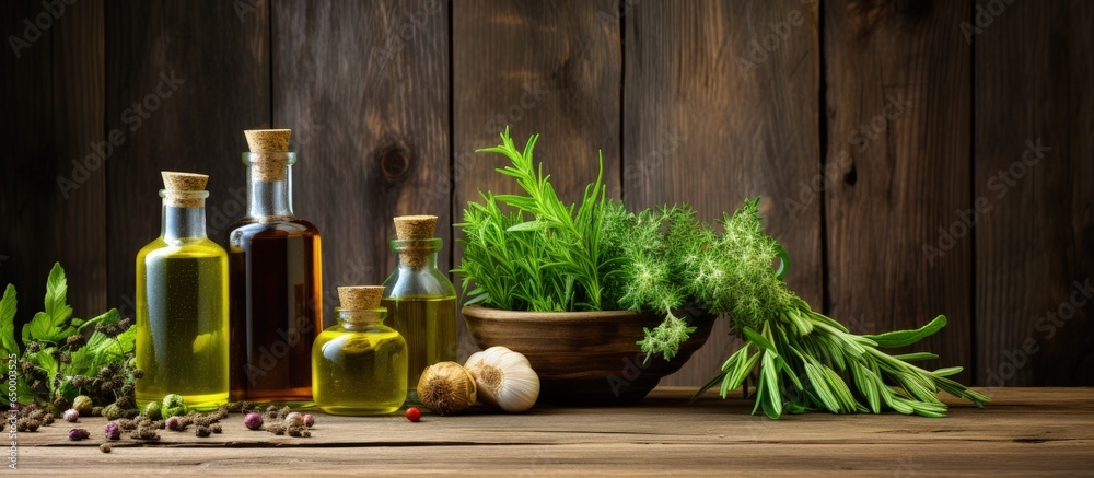 Natural ingredients displayed on a wooden surface