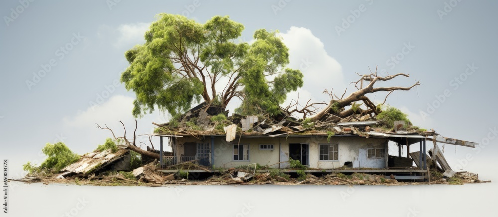 Tree on building roof damaged by tropical storm