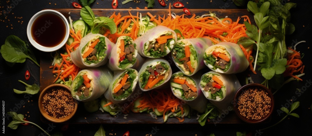 Top view of vegan detox spring rolls with quinoa sprouts and Thai peanut sauce