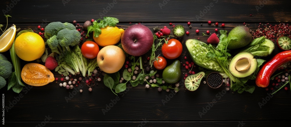 Healthful eating arrangement of assorted fruits vegetables and seeds on a wooden table