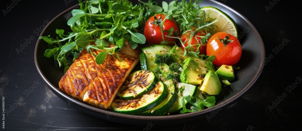 Low carb lunch bowl with halloumi cheese avocado and salad greens