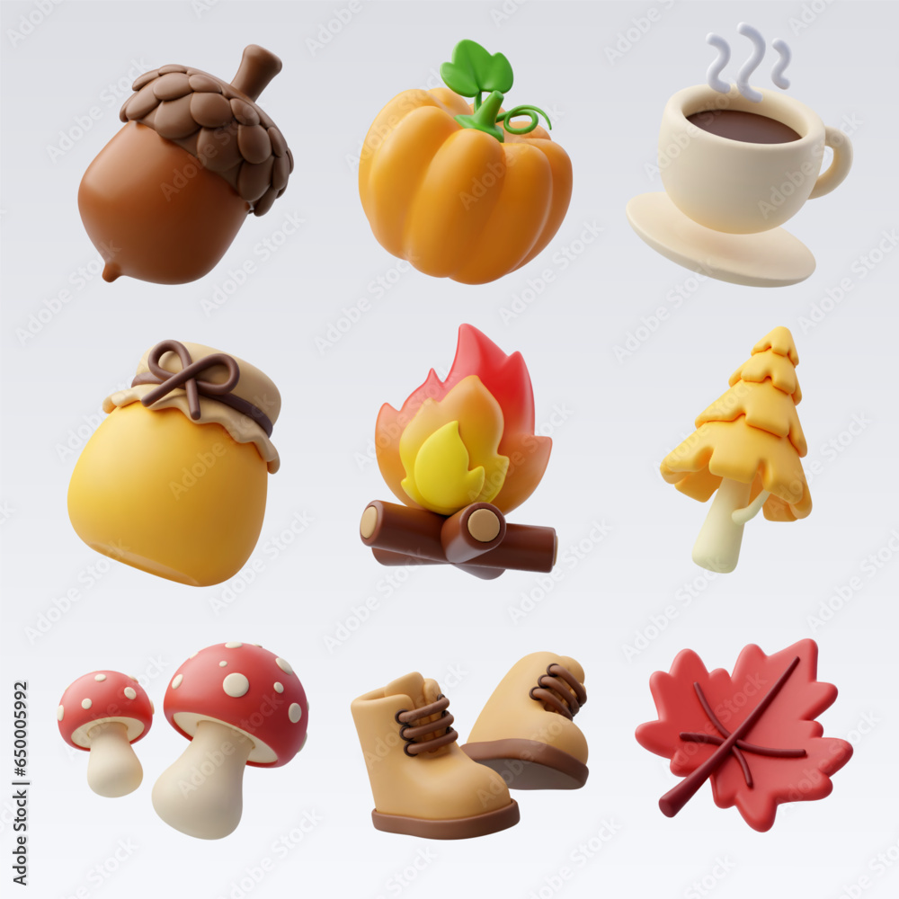 Collection 3d of Autumn forest elements, Hello autumn concept