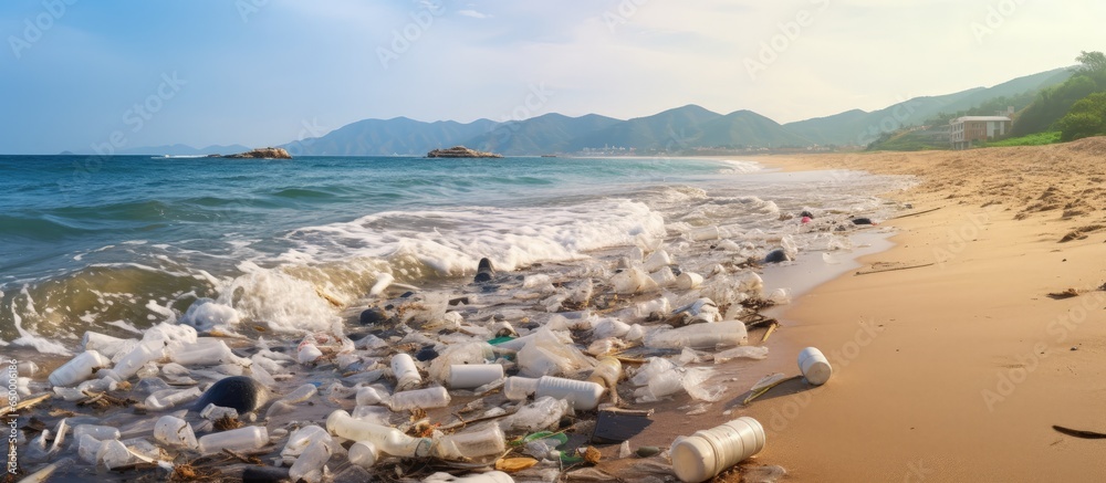 Ocean litter on pristine sandy beach Rocky peninsula coast Sunny sea waves