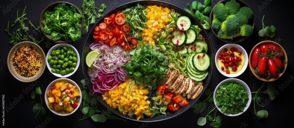 Top view of a healthy vegetarian mixed vegetable salad bowl with fresh fruits nuts and grains