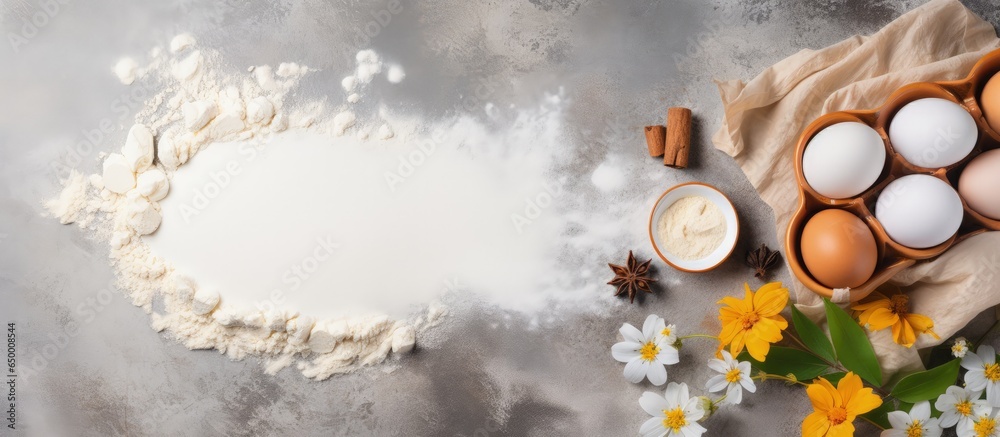 Top view mockup of a recipe with baking and cooking ingredients on a grey concrete background