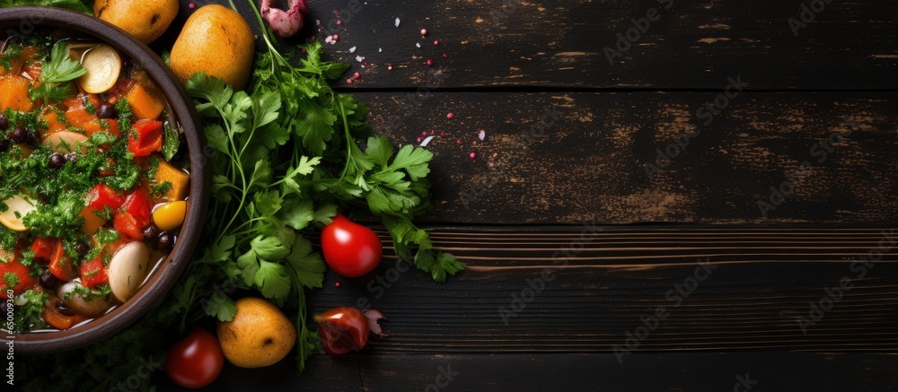 Healthy vegetable stew with fresh herbs viewed from above on a dark background with space to copy