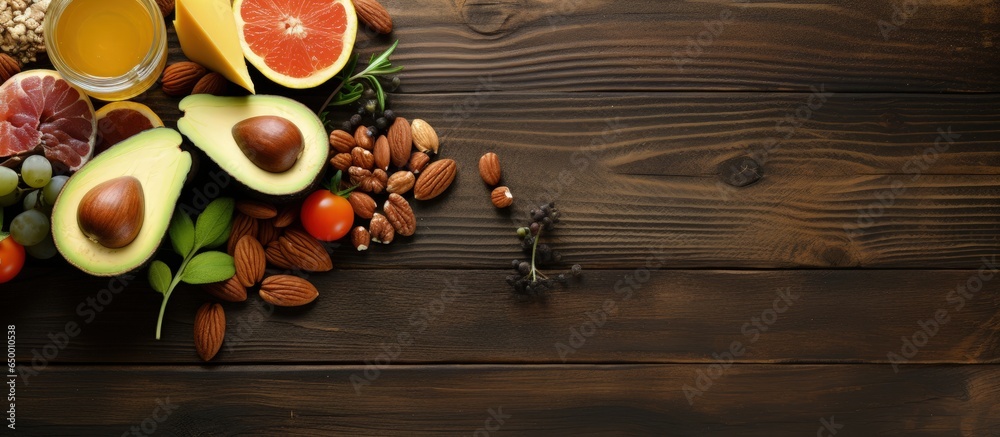 Choosing healthy fats wooden background from above