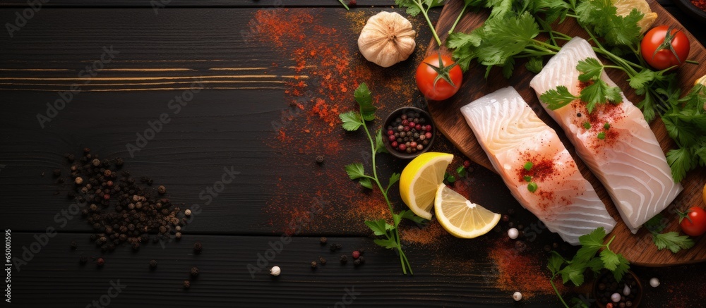 Cooking ingredients for raw cod steak on kitchen table with space for text