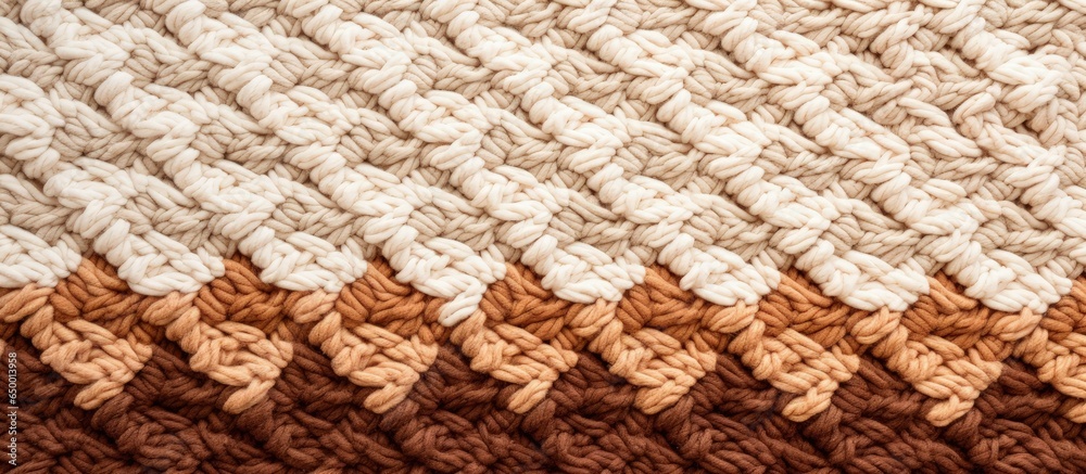 Gradient in knitting creates a beige and brown handmade rug with textured patterns