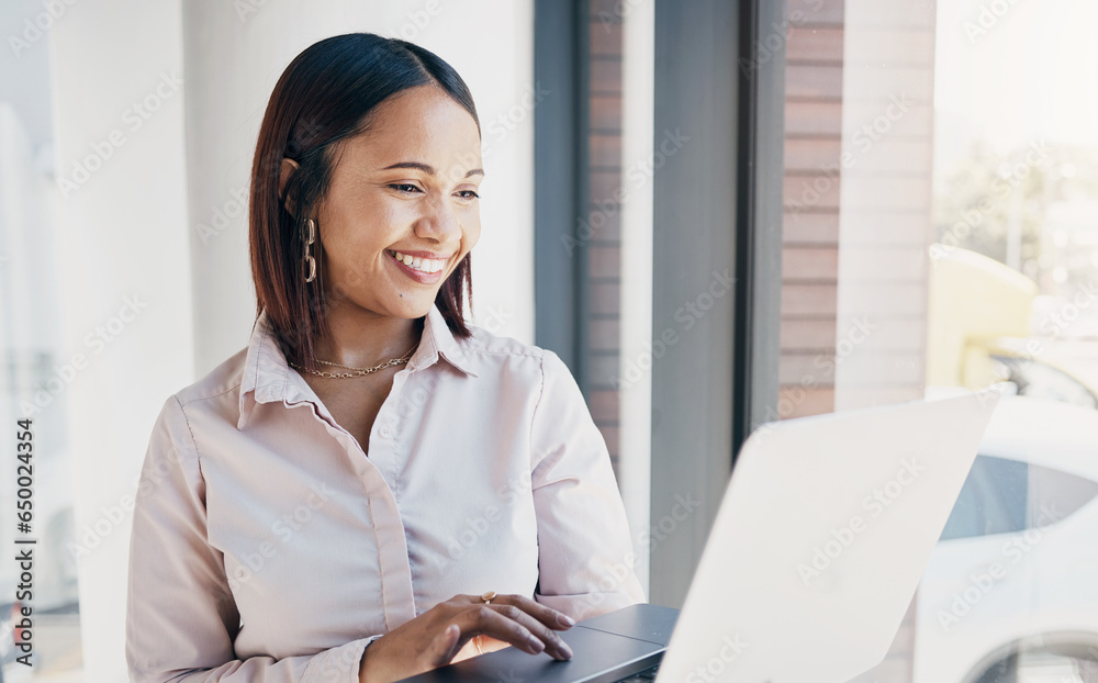 Happy woman at office window thinking with laptop, research or ideas for HR schedule and online feedback. Internet, networking and website search, businesswoman with smile at human resources agency.