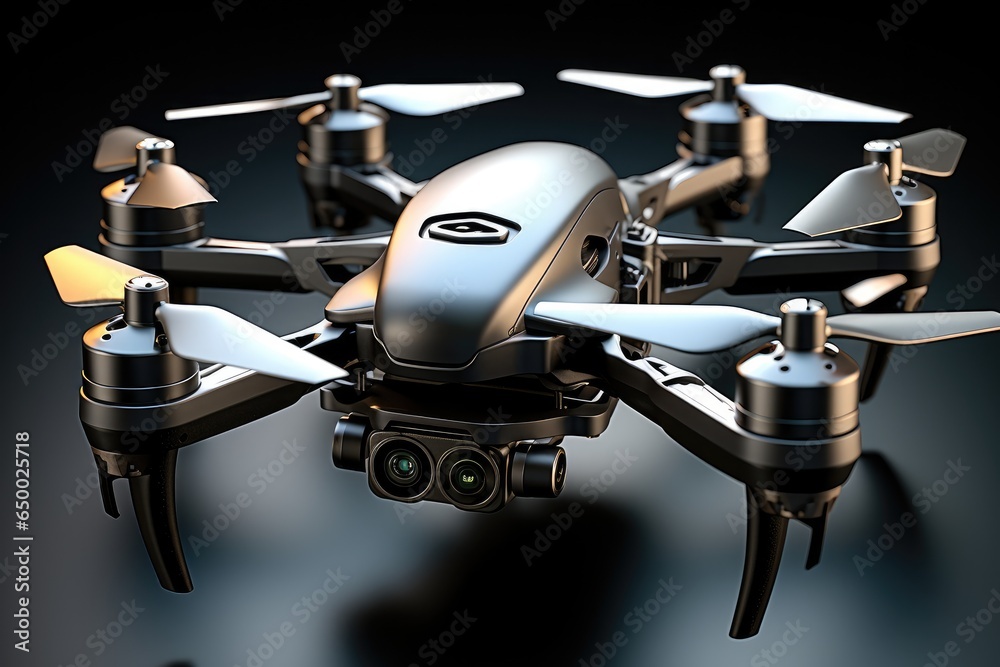 Drone with black metal structure on black background.