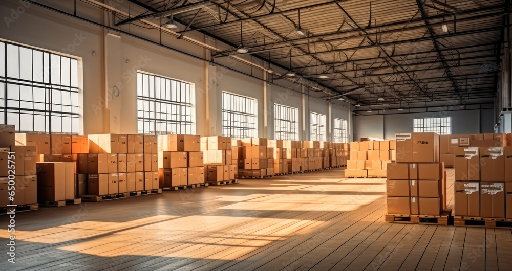 Warehouse, Logistics, A large warehouse with numerous items, Rows of shelves with boxes.